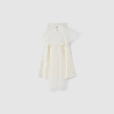 The Radiance Sequin Wide-Leg Pants by KIKI and JOJO feature a cream hue, shiny sequins, and a sheer tulle overlay, reimagining high-rise wide-leg pants in a flowing silhouette against a light gray background.