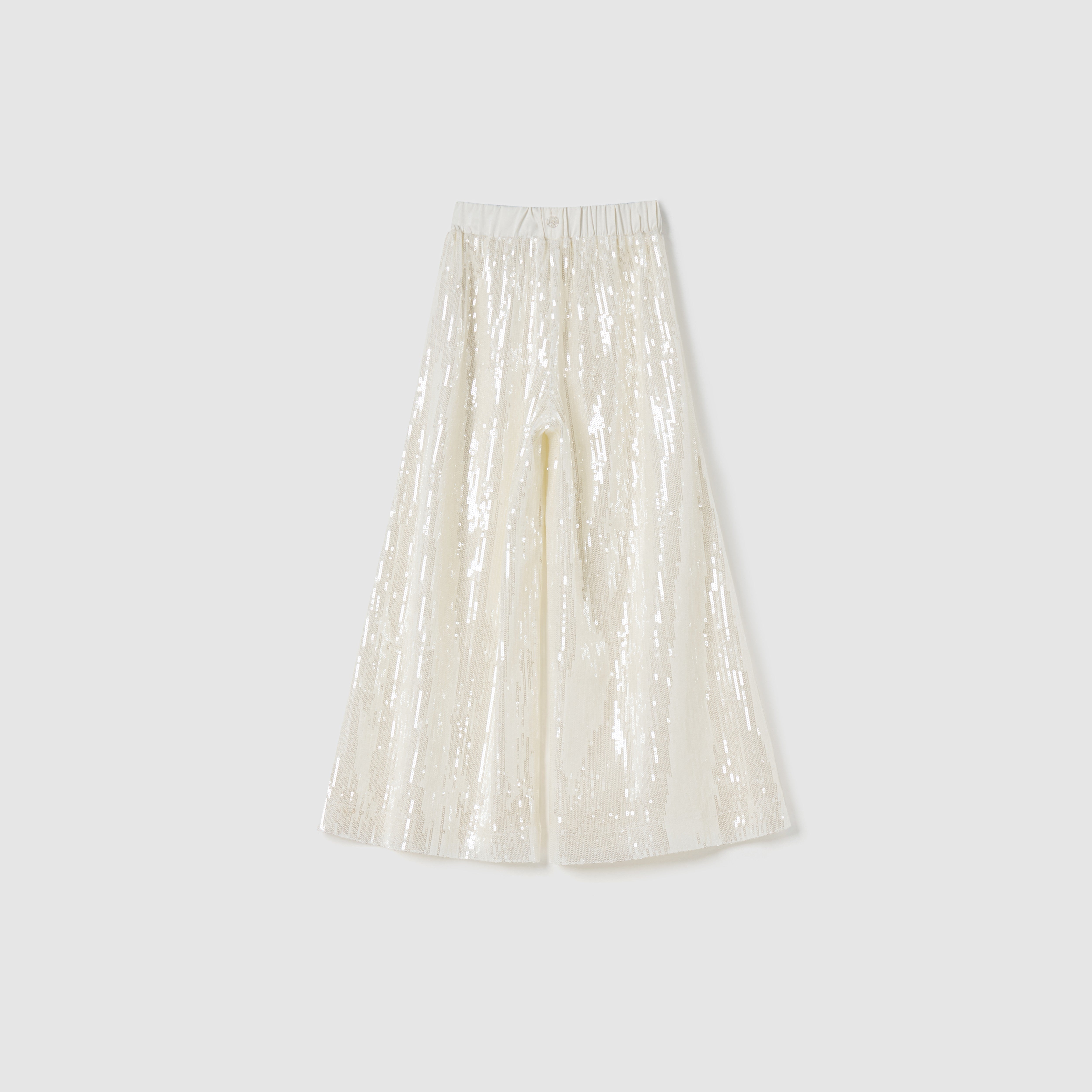 KIKI and JOJO Radiance Sequin Wide-Leg Pants in white feature a high-rise design and elastic waistband, shown on a plain light grey background.