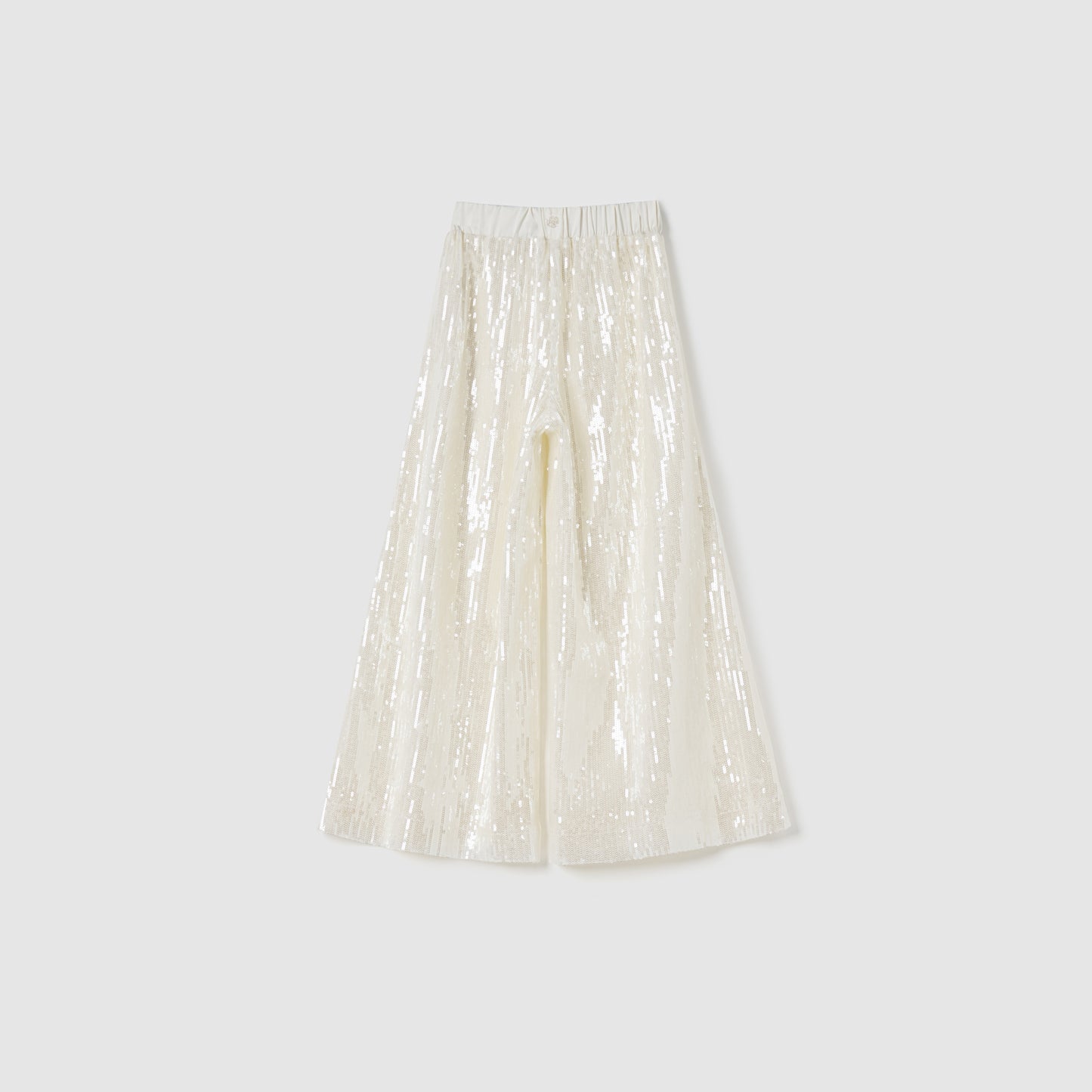 KIKI and JOJO Radiance Sequin Wide-Leg Pants in white feature a high-rise design and elastic waistband, shown on a plain light grey background.