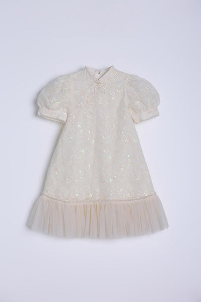Puff Sleeve Tulle Cheongsam Dress with Pearl-Embroidered Cuffs