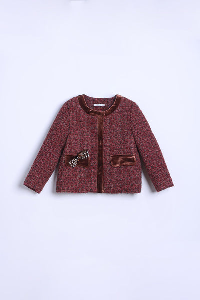 Girls Tweed Jacket – Burgundy Velvet Pearl