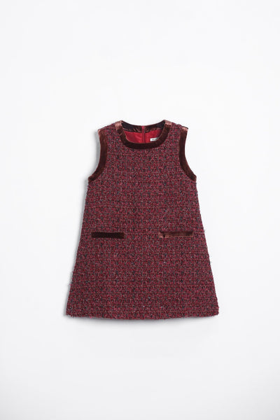 Girls Handmade Tweed Dress – Burgundy Velvet Bow