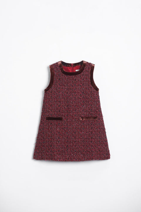 KIKI and JOJO Girls Handmade Tweed Dress – Burgundy Velvet Bow: sleeveless A-line burgundy red dress with velvet trim on armholes and pockets, detachable velvet bows, shown flat on a white background.