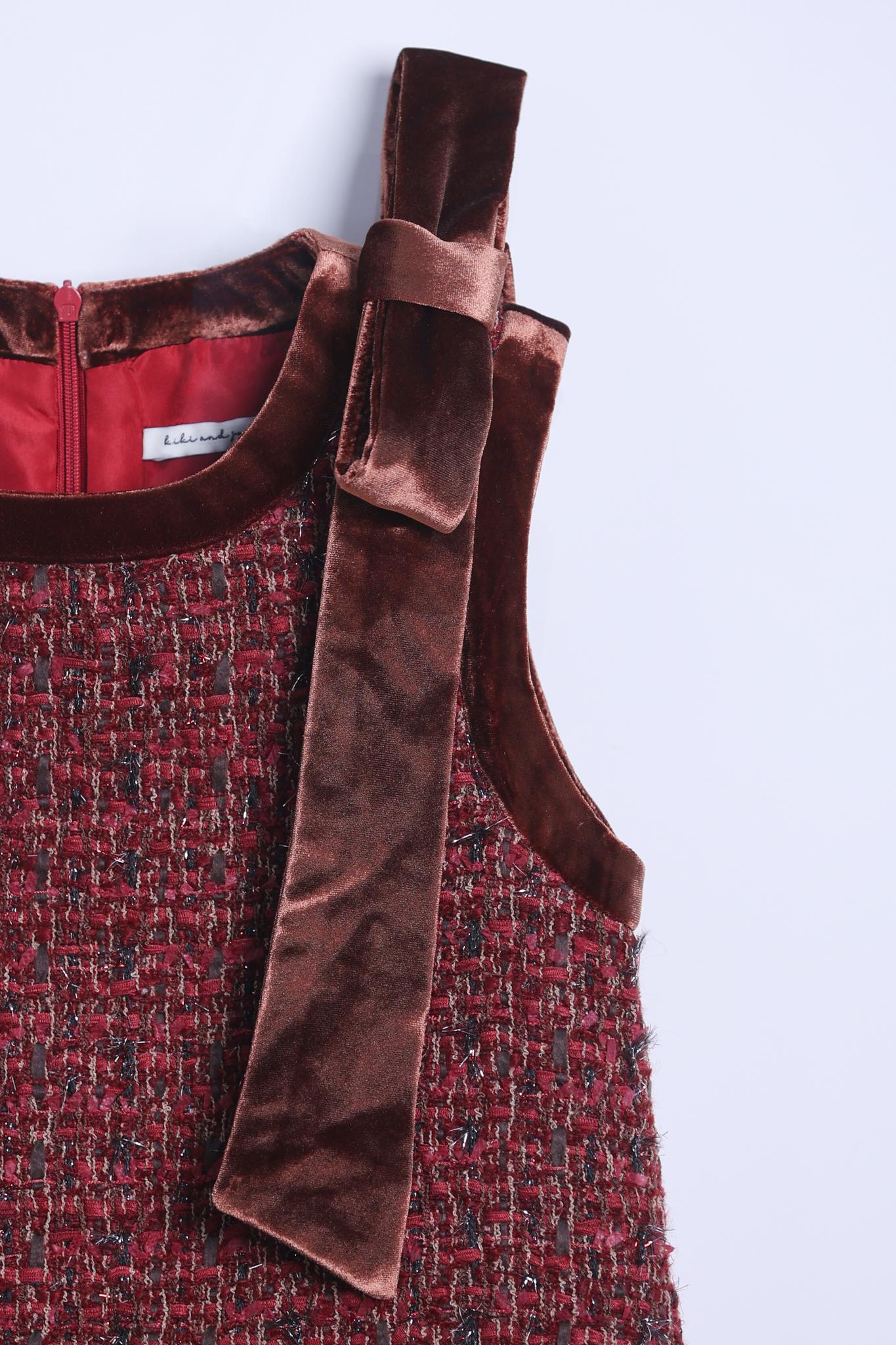 KIKI and JOJO | Girls Handmade Tweed Dress Burgundy Velvet Bow Burgundy Red / 3-4 Years (100cm) KIKI and JOJO | Girls Handmade Tweed Dress Burgundy Velvet Bow Burgundy Red / 3-4 Years (100cm)