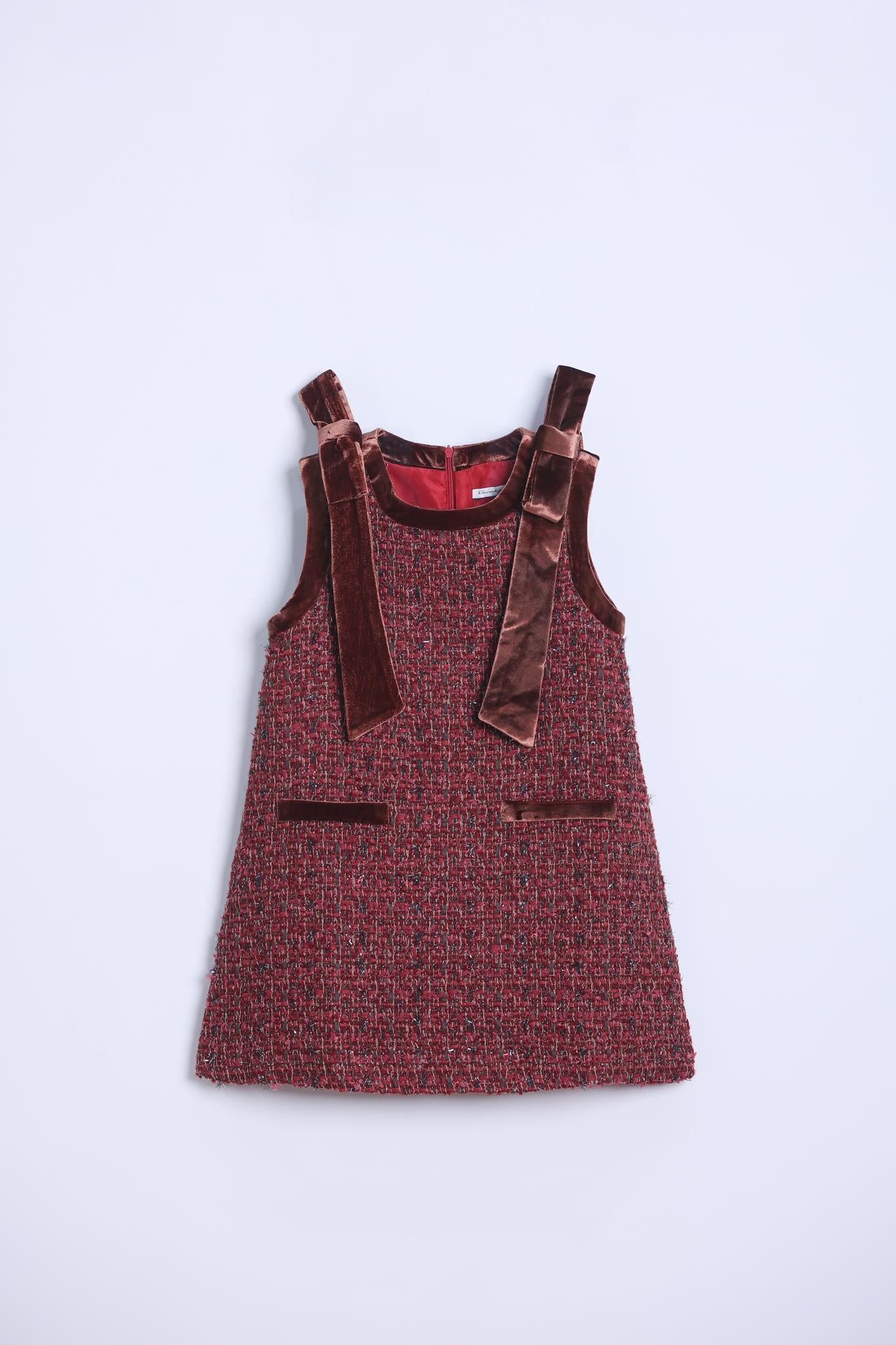 KIKI and JOJO | Girls Handmade Tweed Dress Burgundy Velvet Bow Burgundy Red / 3-4 Years (100cm) KIKI and JOJO | Girls Handmade Tweed Dress Burgundy Velvet Bow Burgundy Red / 3-4 Years (100cm)