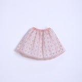The KIKI and JOJO Girls Tulle Skirt – Darling Blush Pink is knee-length with an elastic waistband, featuring a lace-embroidered overlay, and is shown against a plain white background.