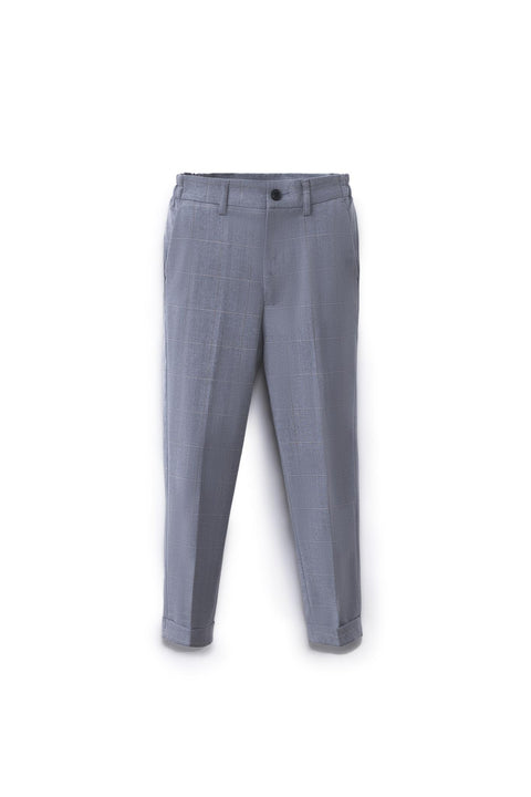KIKI and JOJO Kids Suit Pants in light gray feature a subtle checkered pattern, adjustable fit, front button closure, side pockets, and cuffed hems. Shown against a plain white background. For ages 3–14 years.