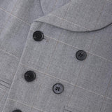 Close-up of the KIKI and JOJO Kids Suit – Gray 3-Piece Set (3-14 Years), featuring a checkered double-breasted blazer with black buttons and a notch lapel in a classic fit.