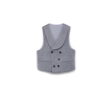 The KIKI and JOJO Kids Suit – Gray 3-Piece Set (3-14 Years), checkered and classic fit, features a double-breasted vest with black buttons, shown against a white background.