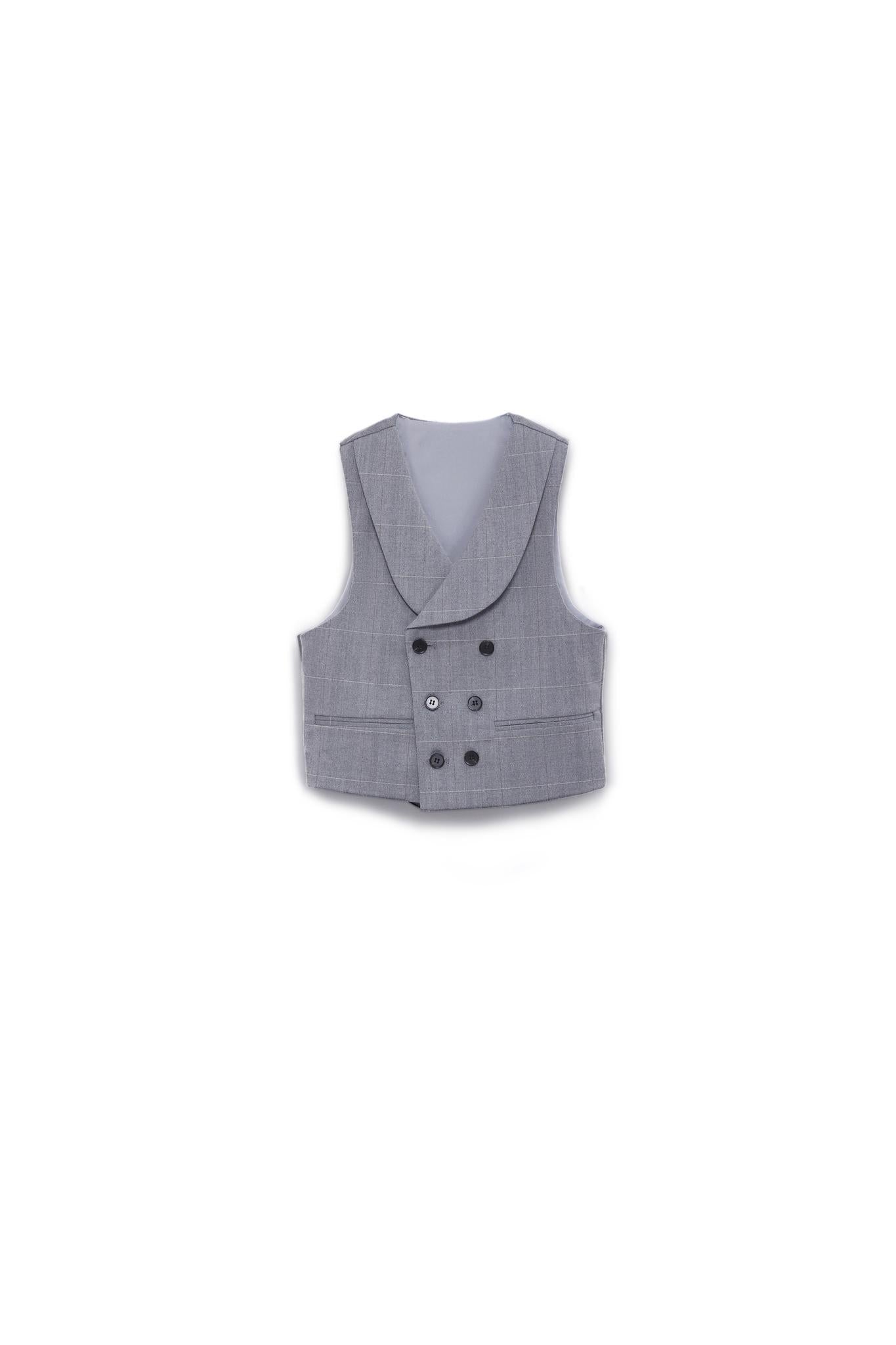 The KIKI and JOJO Kids Suit – Gray 3-Piece Set (3-14 Years), checkered and classic fit, features a double-breasted vest with black buttons, shown against a white background.
