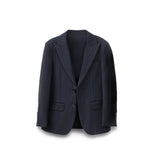 The KIKI and JOJO Kids Suit Jacket – Black (3-14 Years) features a classic fit, dark pinstripe design, two buttons, notched lapels, front pockets, and wrinkle-free fabric, shown against a plain white background.