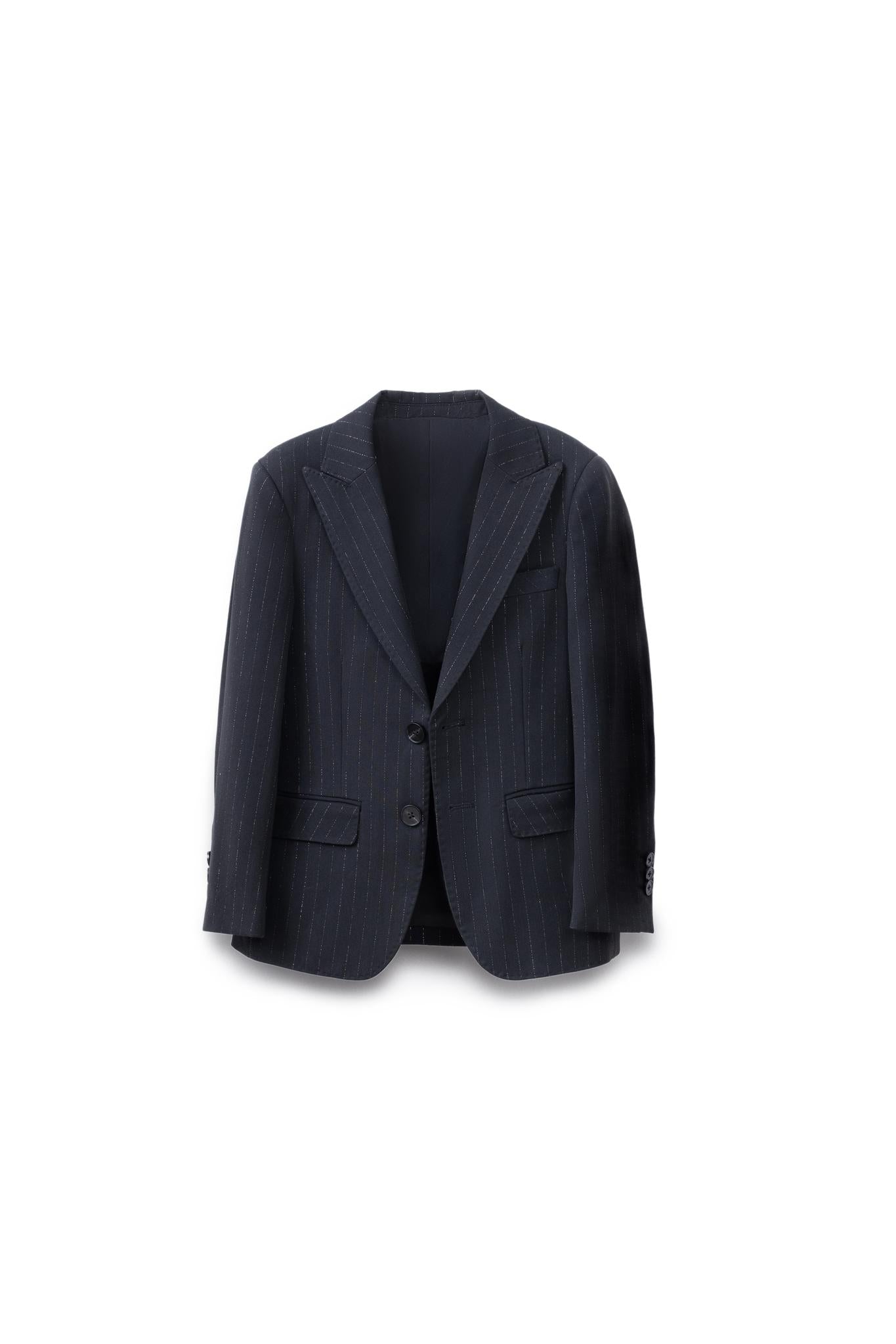 The KIKI and JOJO Kids Suit Jacket – Black (3-14 Years) features a classic fit, dark pinstripe design, two buttons, notched lapels, front pockets, and wrinkle-free fabric, shown against a plain white background.