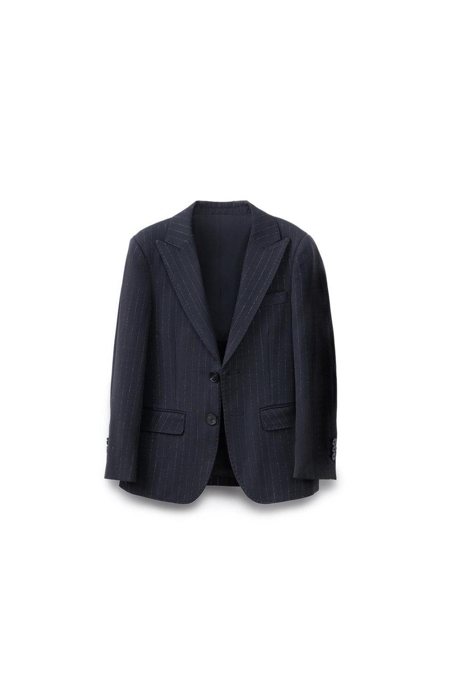 The KIKI and JOJO Kids Suit Jacket – Black (3-14 Years) features a classic fit, dark pinstripe design, two buttons, notched lapels, front pockets, and wrinkle-free fabric, shown against a plain white background.