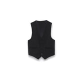 The KIKI and JOJO Kids Suit Vest – Black (3-14 Years) offers a classic fit and wrinkle-free fabric, featuring sleek silver pinstripes, three buttons, and two front pockets, shown on a plain white background.
