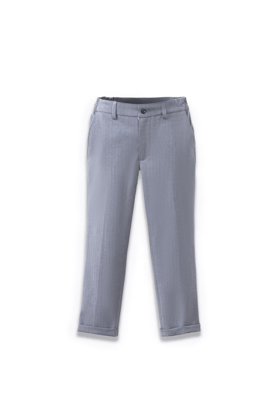KIKI and JOJO Kids Suit – Gray 3-Piece Set (3-14 Years), classic fit, wrinkle-free dress pants with side pockets, belt loops, and a front button closure, shown laid flat on a white background.