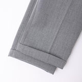 Close-up of the bottom hem and cuff of KIKI and JOJO Kids Suit Pants – Gray (Classic Fit, Wrinkle-Free), shown against a plain white background. Suitable for ages 3-14 years.