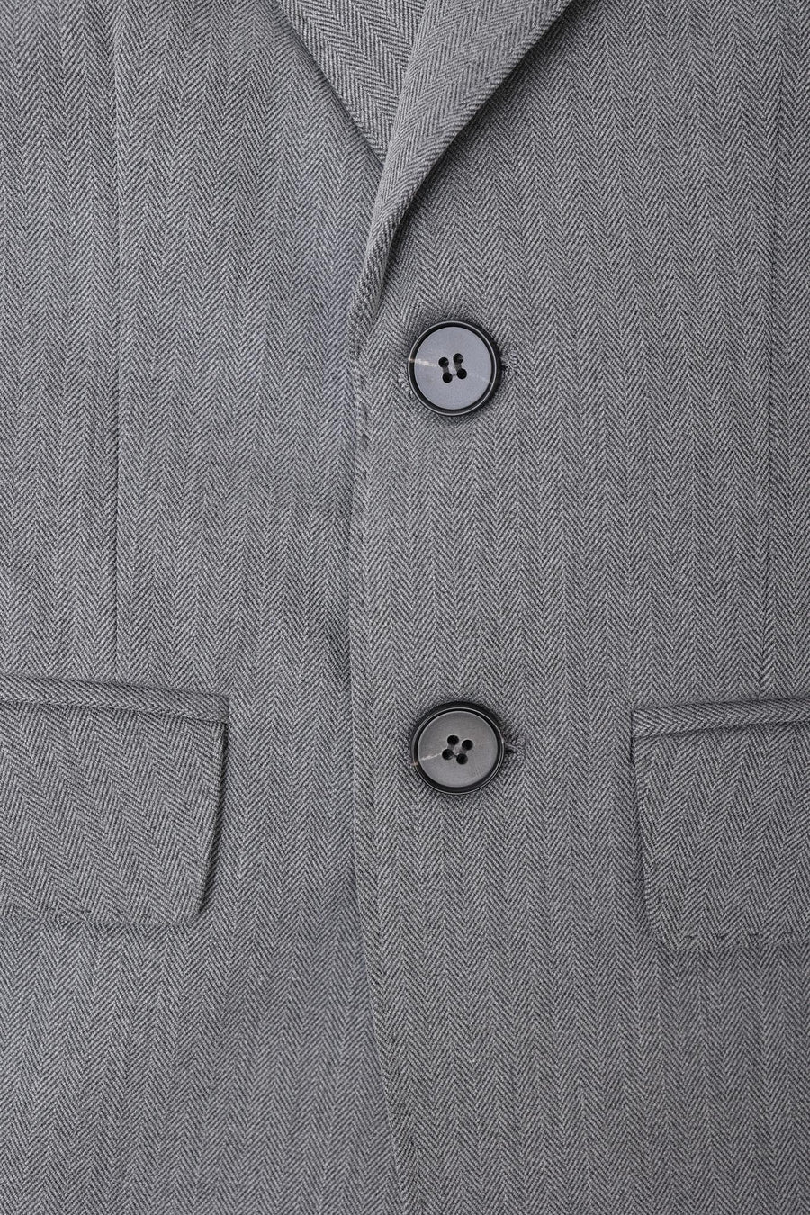 Close-up of the KIKI and JOJO Kids Suit – Gray 3-Piece Set (3-14 Years), featuring a classic fit, wrinkle-free blazer with two black buttons and front pockets.