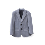 The KIKI and JOJO Kids Suit – Gray 3-Piece Set (3-14 Years) features a classic fit, wrinkle-free blazer with two buttons, notched lapels, and front pockets, shown against a plain white background.