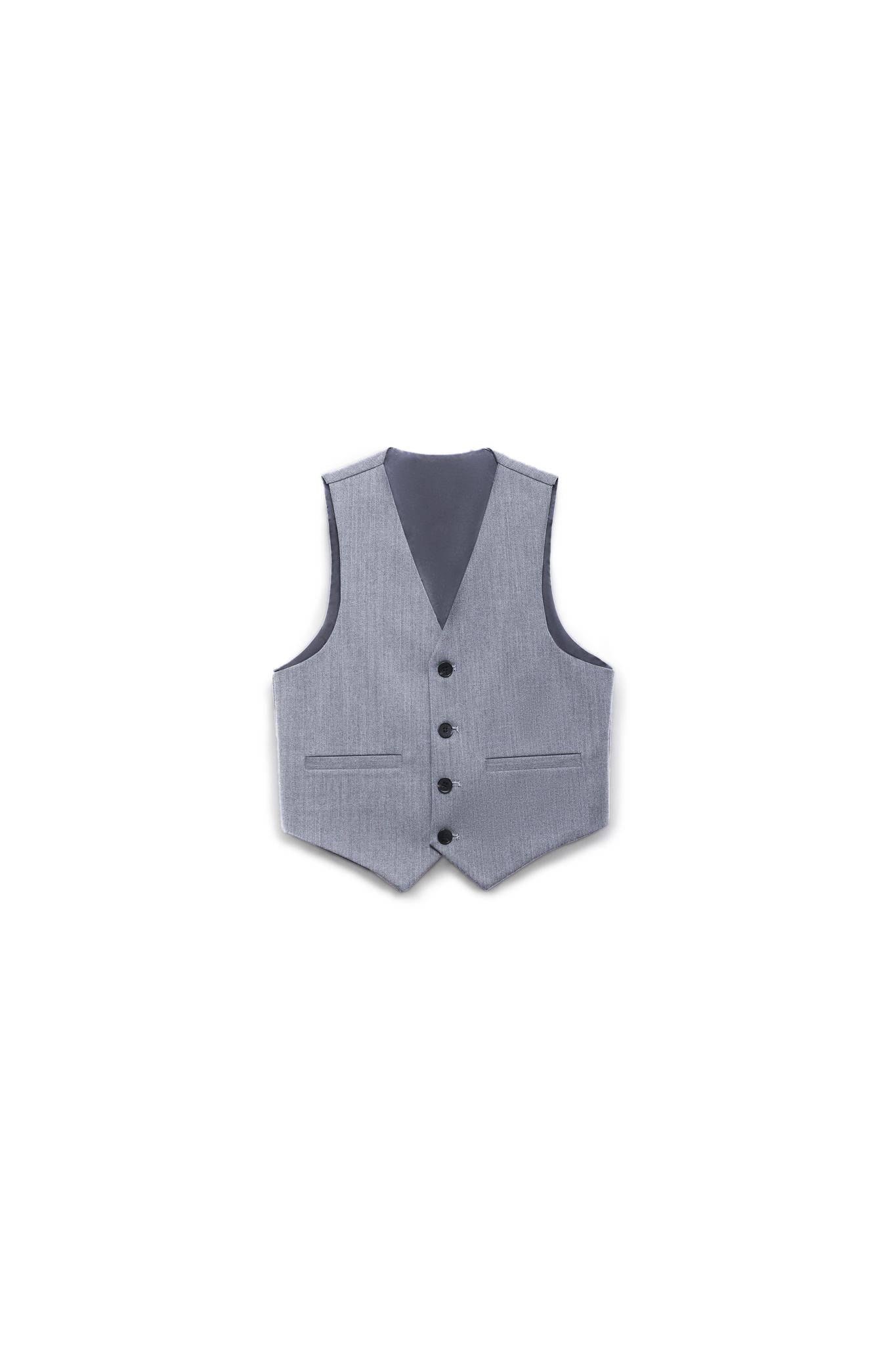 The KIKI and JOJO Kids Suit – Gray 3-Piece Set (3-14 Years) features a classic fit, wrinkle-free gray vest with four black buttons, two front pockets, and a V-neck design—ideal for finishing any formal look. Displayed on a white background.