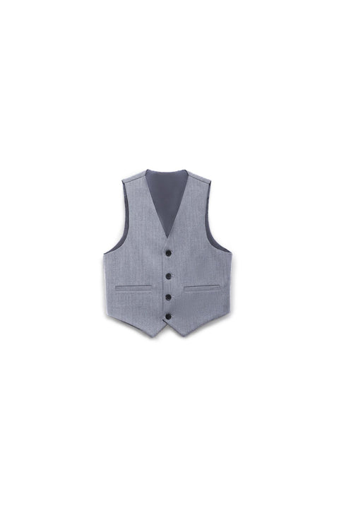 The KIKI and JOJO Kids Suit – Gray 3-Piece Set (3-14 Years) features a classic fit, wrinkle-free gray vest with four black buttons, two front pockets, and a V-neck design—ideal for finishing any formal look. Displayed on a white background.