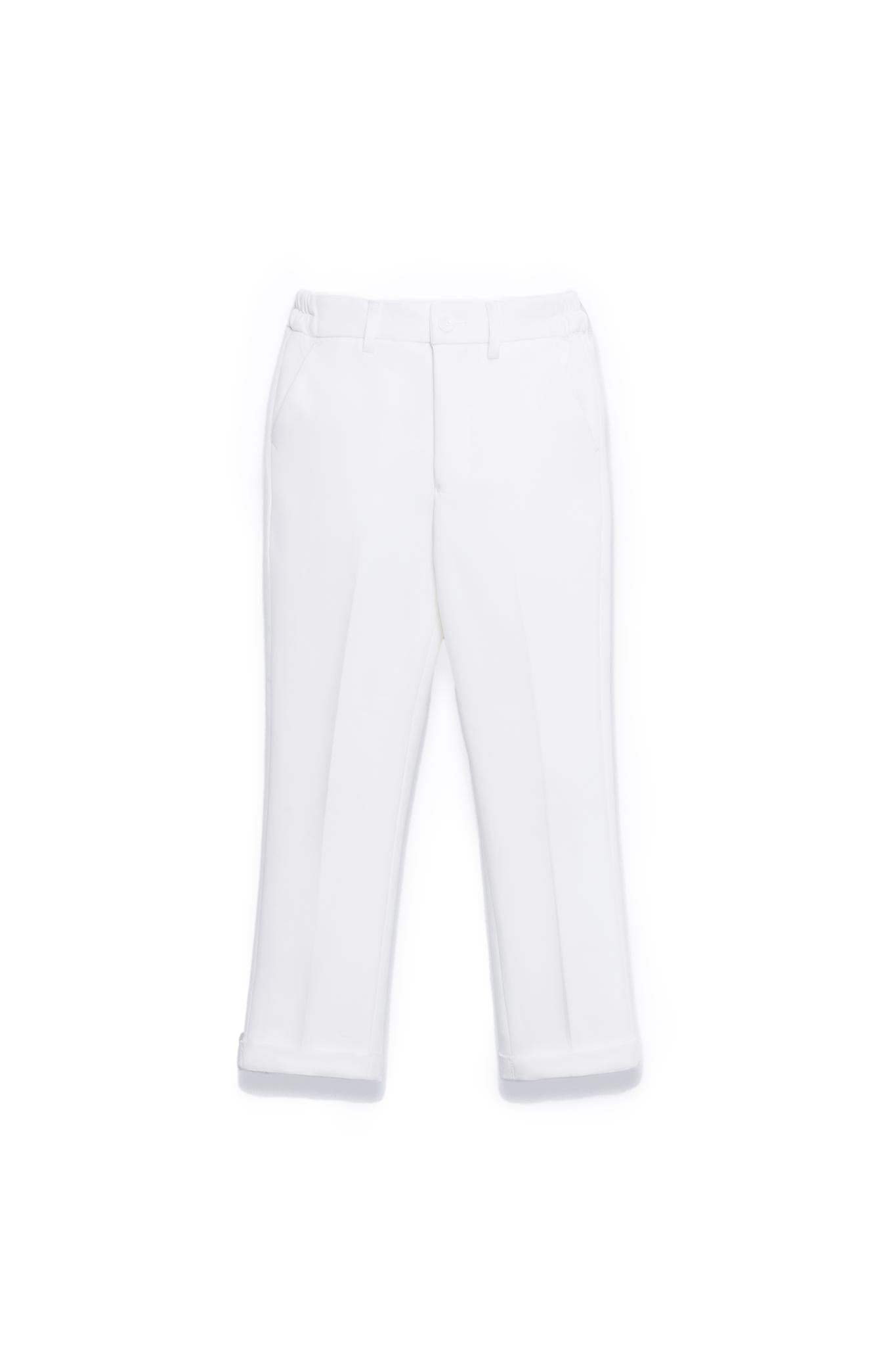 KIKI and JOJO Kids Suit – White 3-Piece Set (3-14 Years), classic fit and wrinkle-free, features dress pants with belt loops and side pockets—ideal for weddings—shown laid flat on a plain white background.