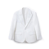 The KIKI and JOJO Kids Suit – White 3-Piece Set (3-14 Years) features a classic-fit blazer with notch lapels, flap pockets, and single button closure—ideal for weddings. Shown on a plain white background. Wrinkle-free design.