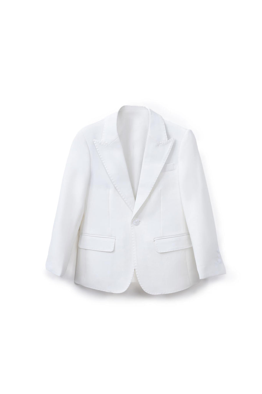 The KIKI and JOJO Kids Suit – White 3-Piece Set (3-14 Years) features a classic-fit blazer with notch lapels, flap pockets, and single button closure—ideal for weddings. Shown on a plain white background. Wrinkle-free design.
