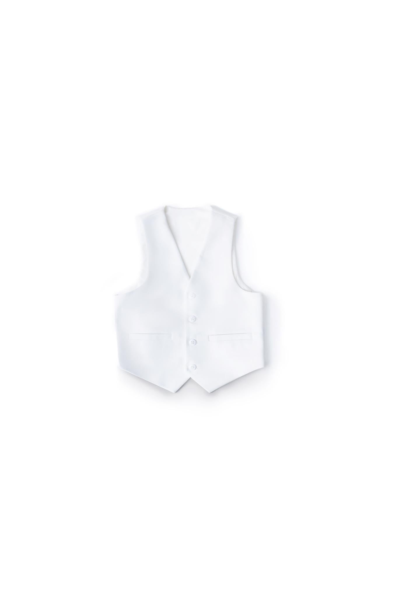 The KIKI and JOJO Kids Suit Vest – White (3-14 Years) features a classic fit, V-neck, and four buttons. This stylish, wrinkle-free vest is perfect for all-day wear and displayed against a plain white background.