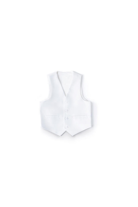 The KIKI and JOJO Kids Suit Vest – White (3-14 Years) features a classic fit, V-neck, and four buttons. This stylish, wrinkle-free vest is perfect for all-day wear and displayed against a plain white background.