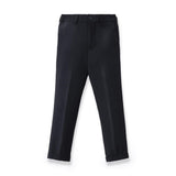 The KIKI and JOJO Kids Suit – Black 2-Piece Set (3-14 Years) features slim-fit, wrinkle-free dress pants with a button and zipper closure, belt loops, and rolled-up cuffs, shown on a white background.