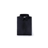 The KIKI and JOJO Kids Dress Shirt – Black Long Sleeve (3-14 Years) features a classic fit and collar, crafted from breathable fabric for comfort—an essential addition to any child's wardrobe, displayed on a plain white background.