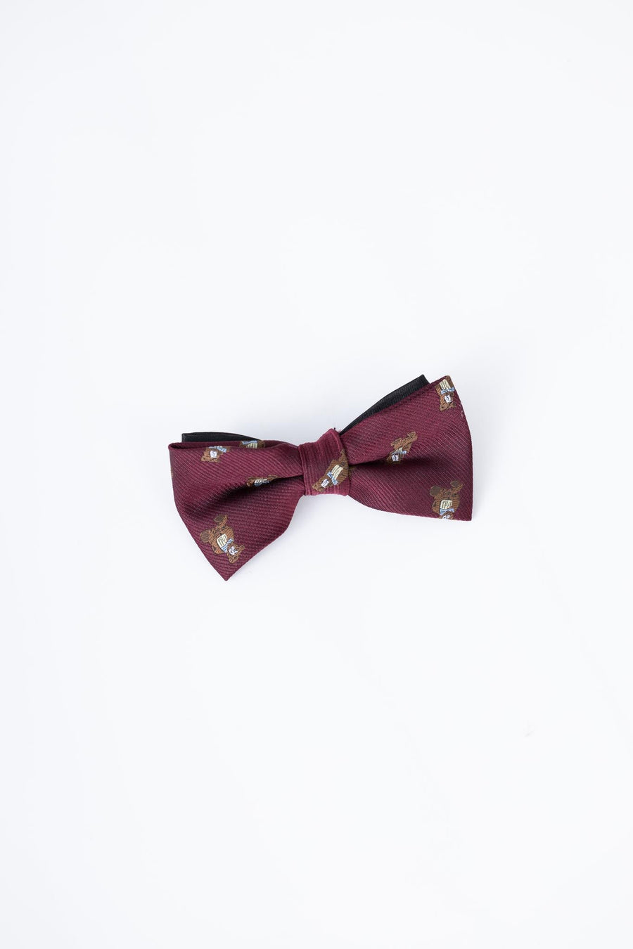The KIKI and JOJO Kids Bow Tie – Burgundy Bear – Pre-Tied Satin – Adjustable features a charming small animal print with subtle bear embroidery, shown on a plain white background.