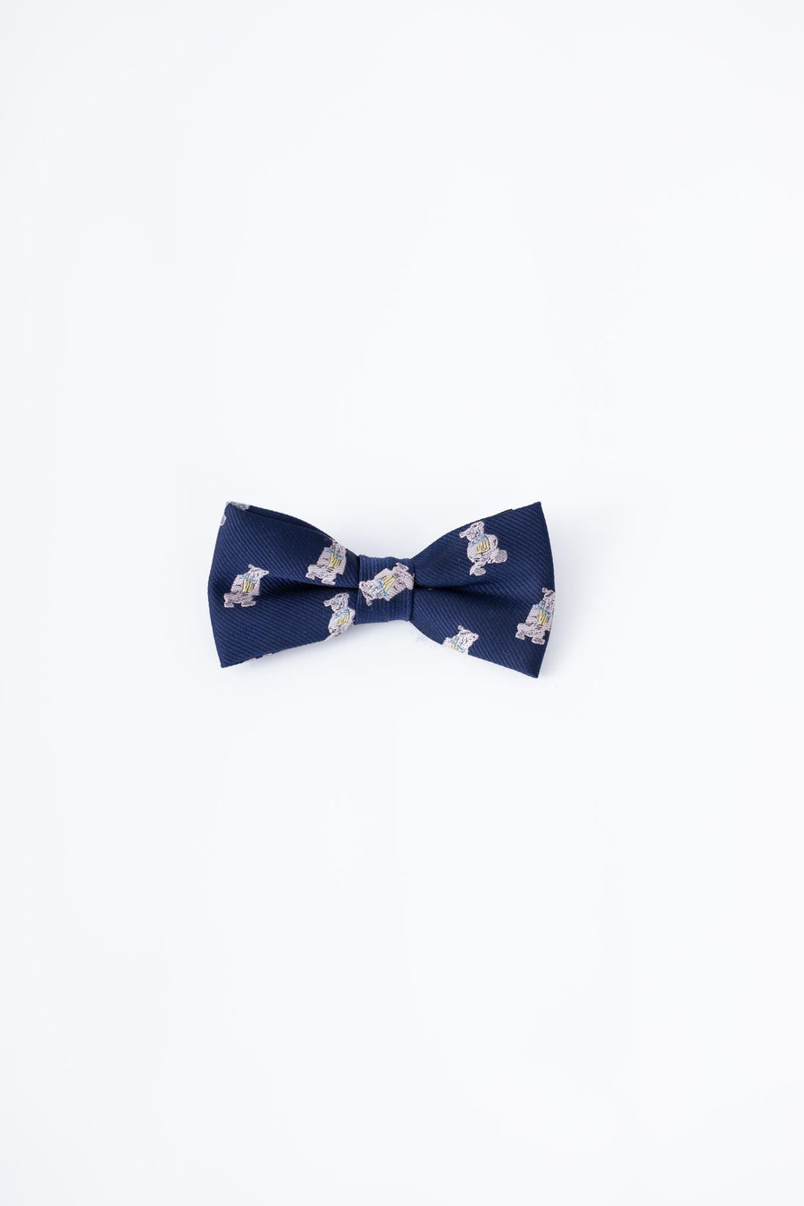 The KIKI and JOJO Kids Bow Tie – Navy Blue Bear features a cute bear pattern, is pre-tied, made from premium satin, and adjustable. Displayed on a plain white background, it's perfect for any stylish child.
