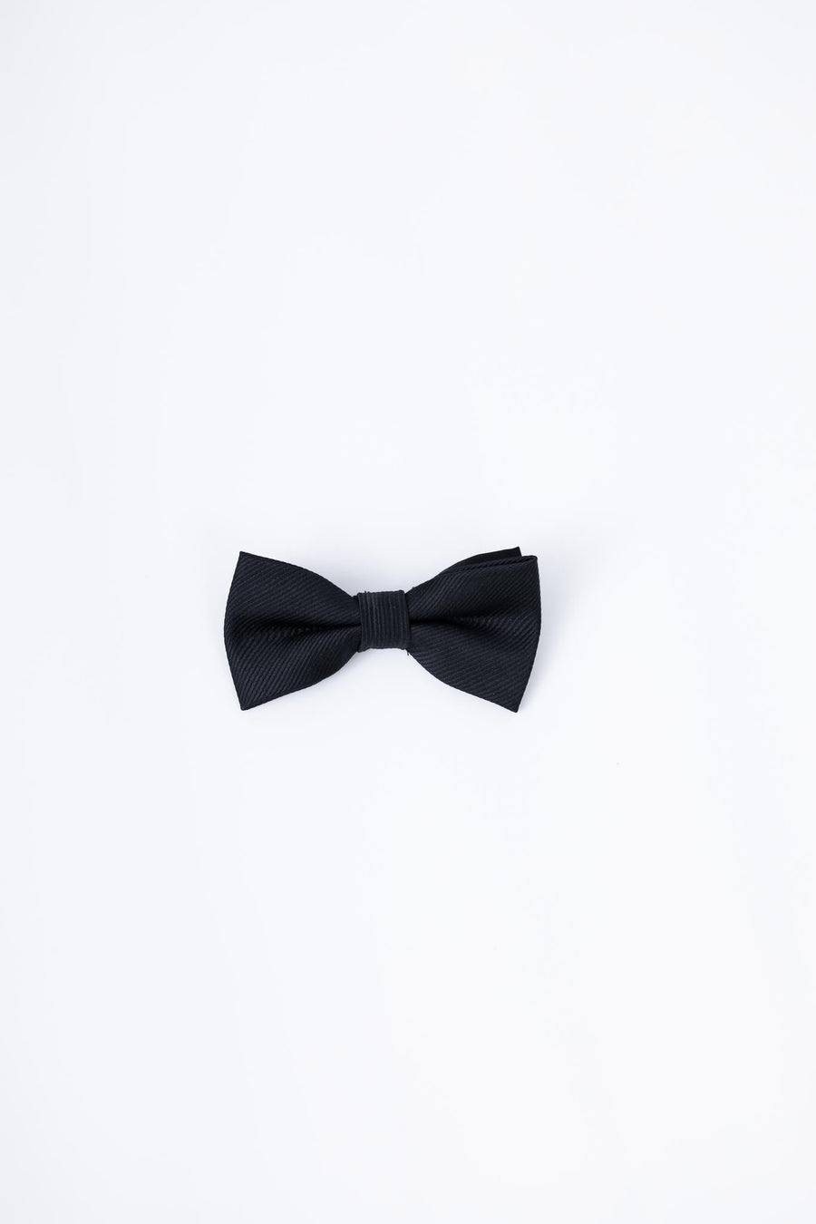 The KIKI and JOJO Kids Bow Tie in black, a pre-tied satin accessory with an adjustable fit, is centered on a plain white background—ideal for complementing kids dress shirts or tailored suits.