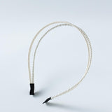 The KIKI and JOJO Girls Dainty Pearl Headband – Pure White features delicate pearls and black tips on premium fabric, shown against a plain light gray background.
