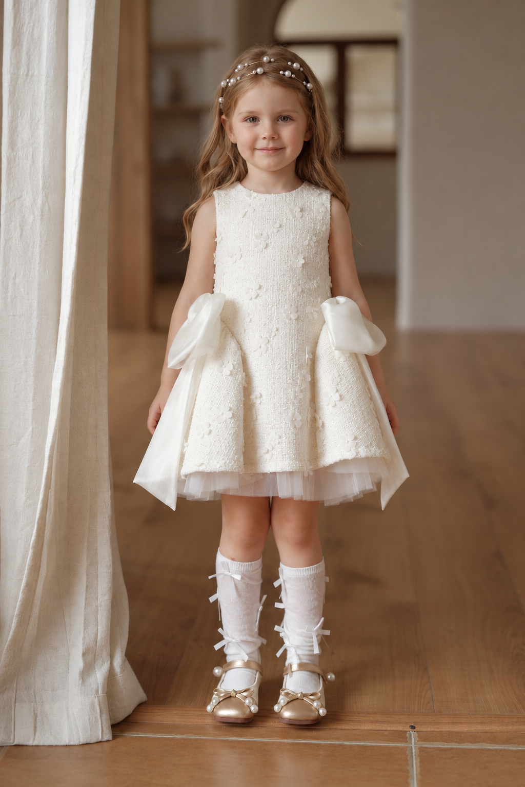 Ivory Petal Blossom Tweed Bow Dress