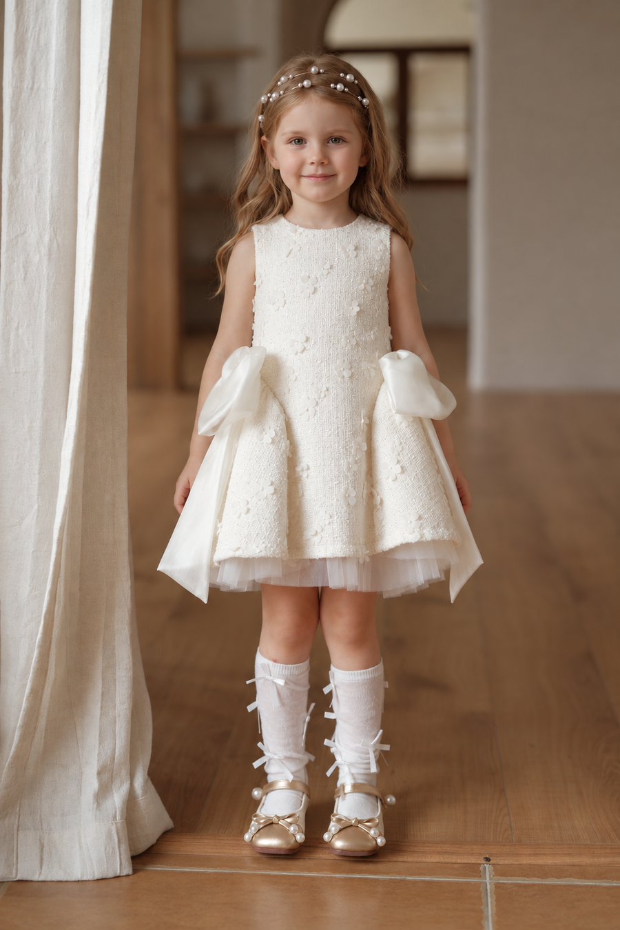 Ivory Petal Blossom Tweed Bow Dress