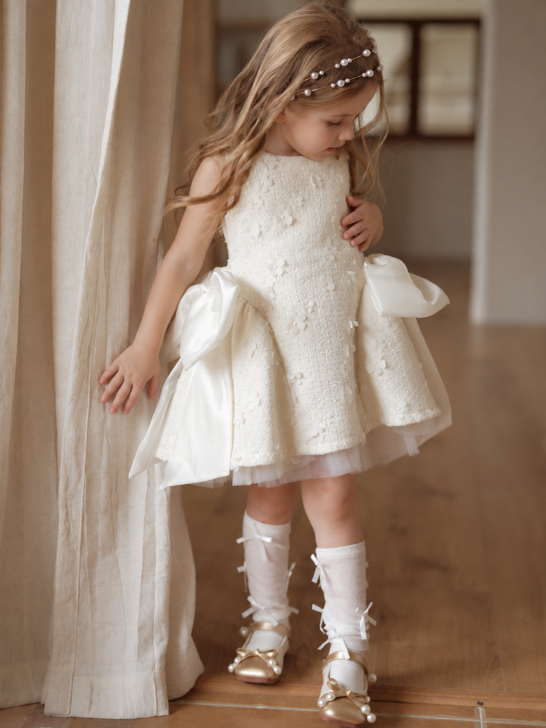 Ivory Petal Blossom Tweed Bow Dress