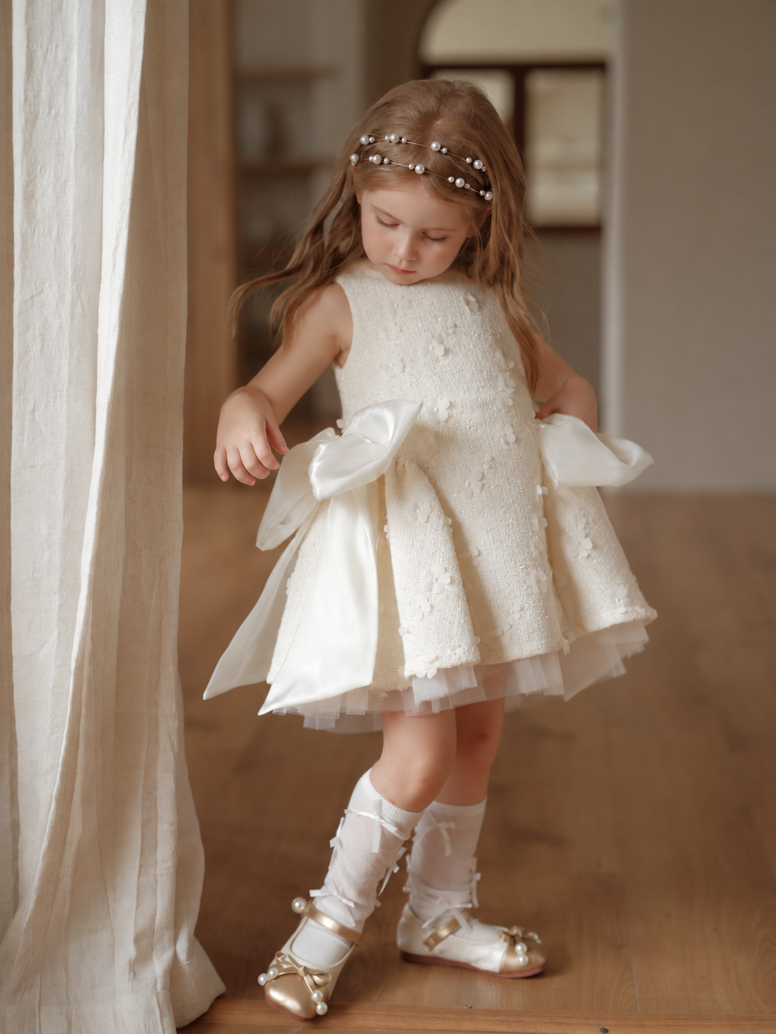 Ivory Petal Blossom Tweed Bow Dress