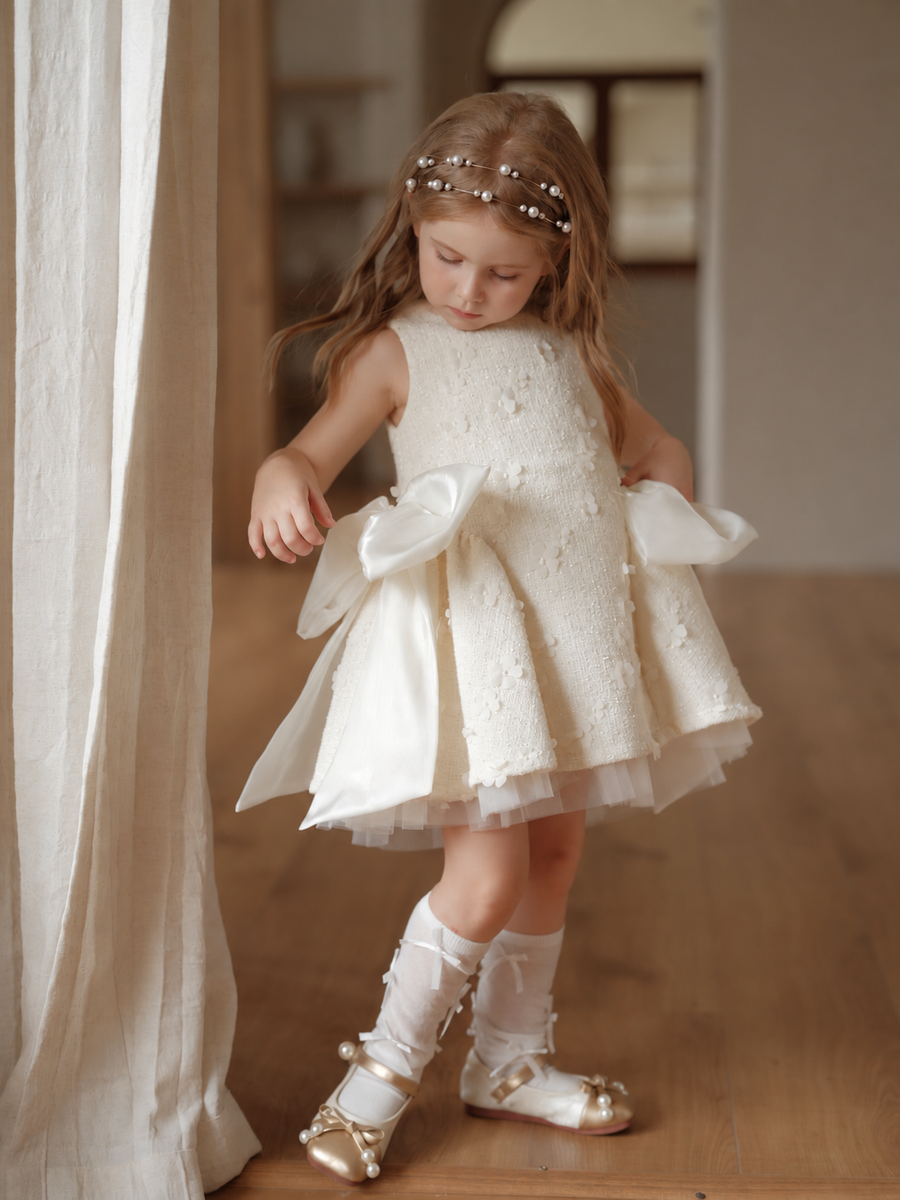 Ivory Petal Blossom Tweed Bow Dress