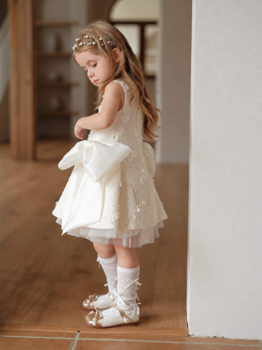 Ivory Petal Blossom Tweed Bow Dress