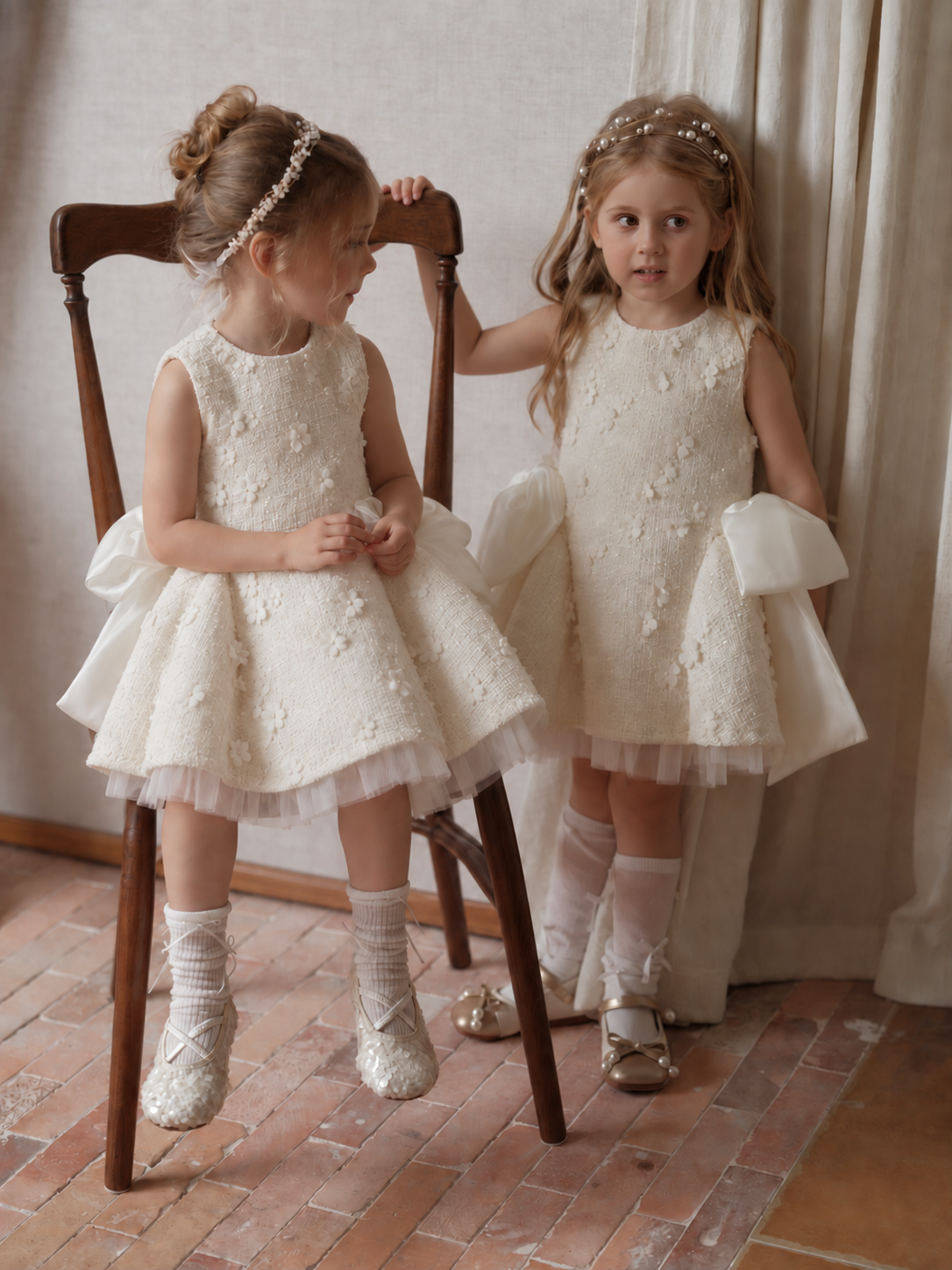 Ivory Petal Blossom Tweed Bow Dress