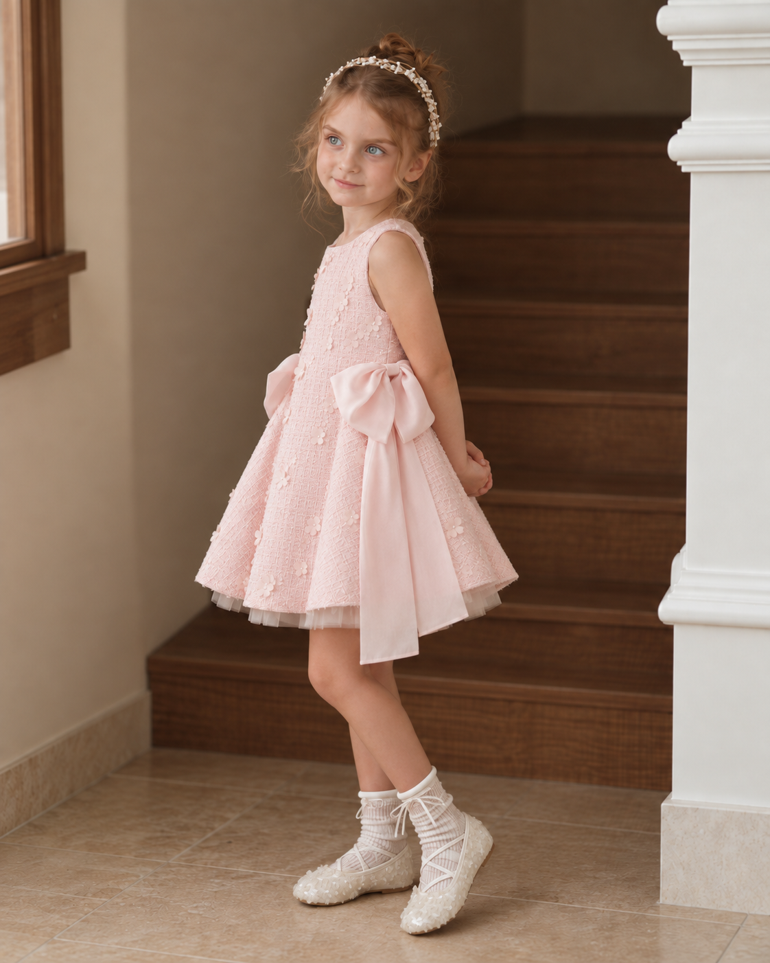Blush Petal Blossom Tweed Bow Dress