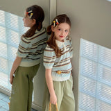 Sky Blue Meadow Stripe Knit Polo Top