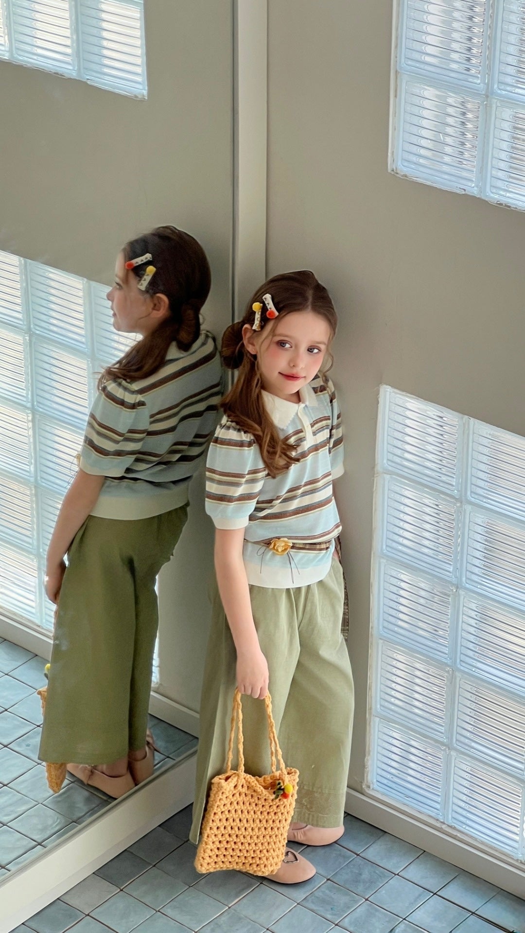 Sky Blue Meadow Stripe Knit Polo Top