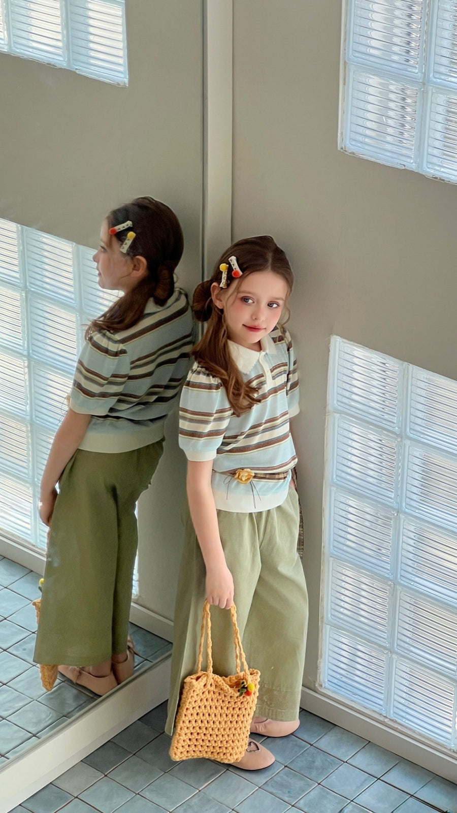 Sky Blue Meadow Stripe Knit Polo Top