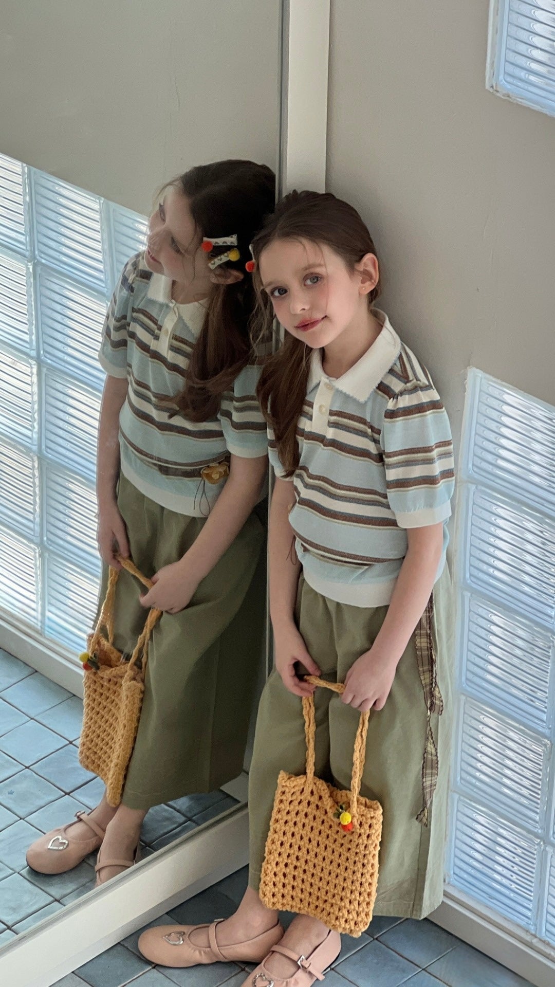 Sky Blue Meadow Stripe Knit Polo Top