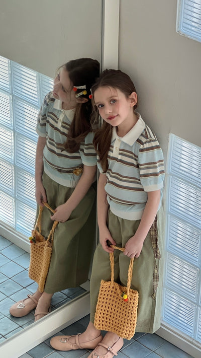 Sky Blue Meadow Stripe Knit Polo Top