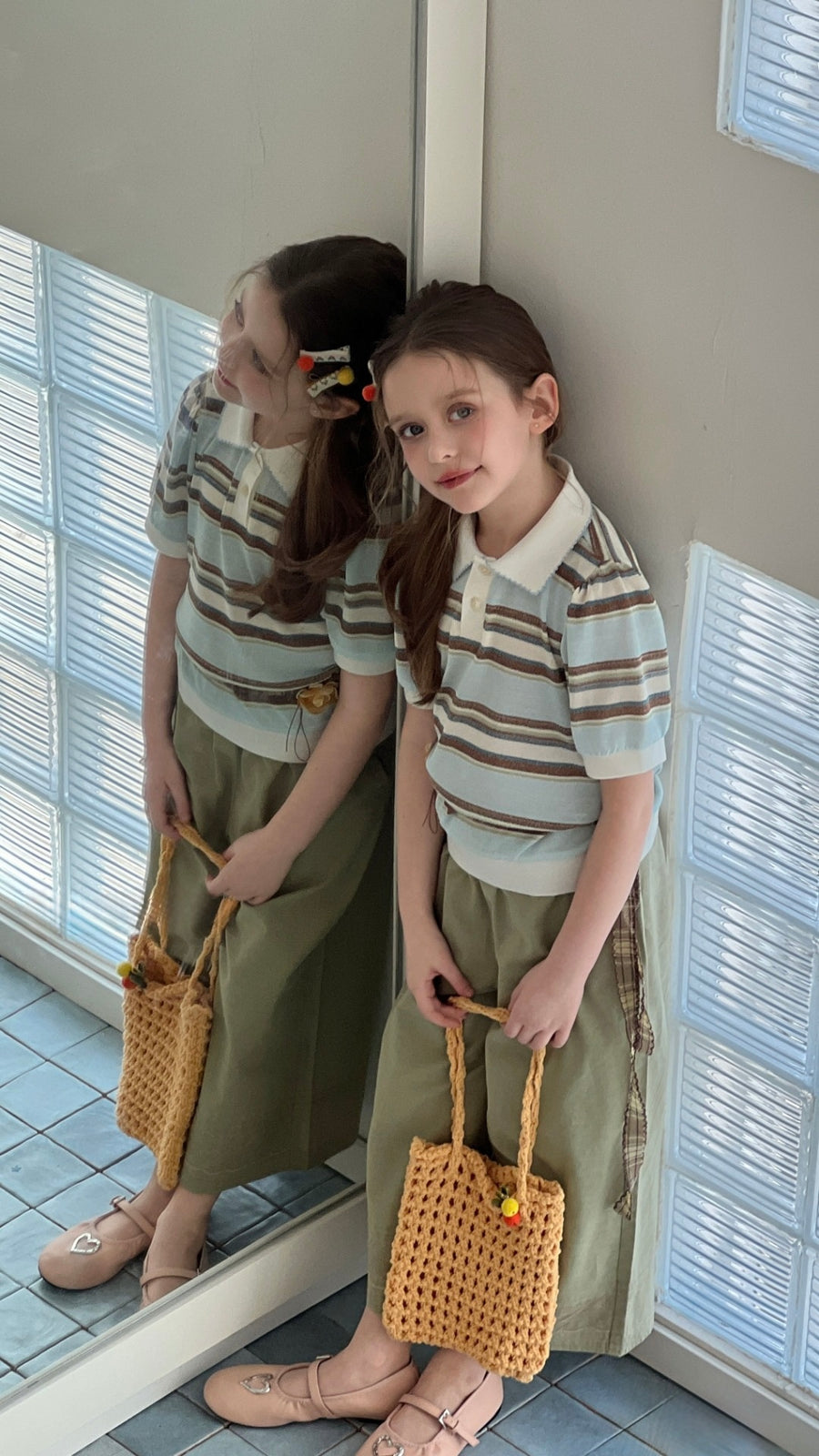 Sky Blue Meadow Stripe Knit Polo Top