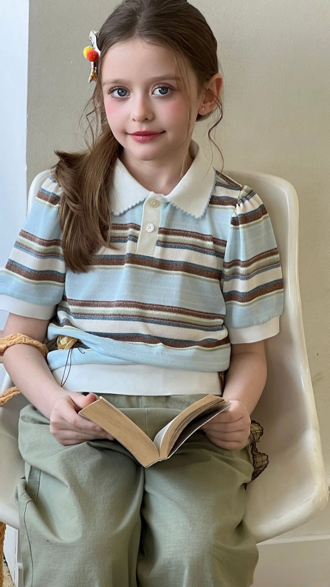 Sky Blue Meadow Stripe Knit Polo Top